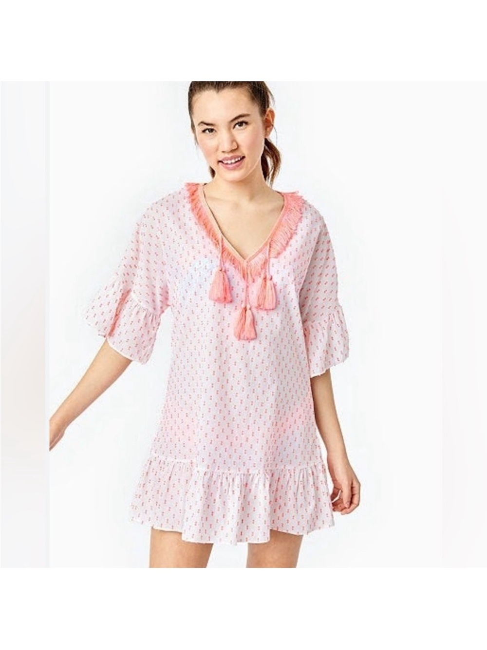 Lilly Pulitzer Kipper Pink Tassel V-Neck Swim Cover-Up Dress XS